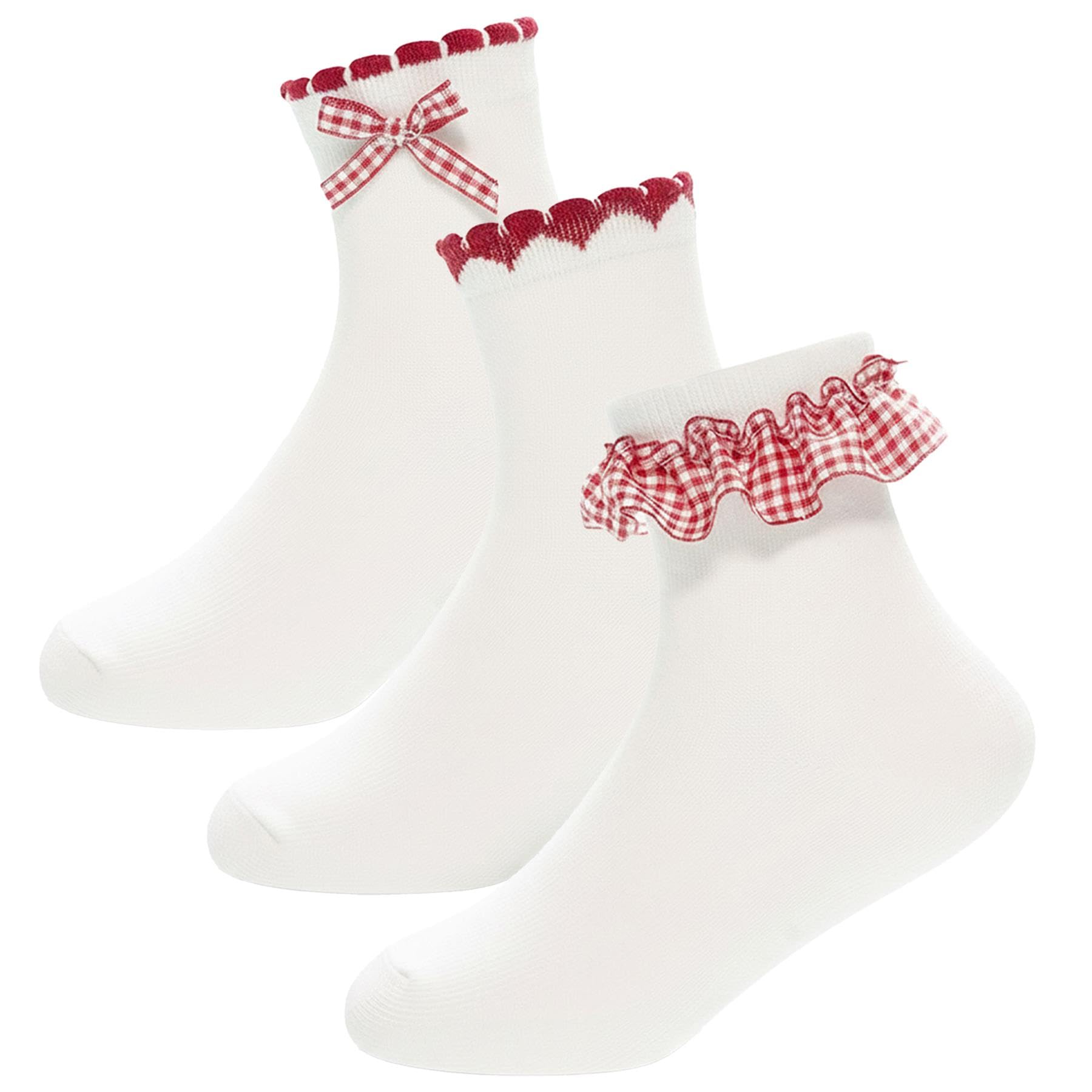 A2Z 4 Kids Lot de 3 paires de chaussettes à bordure en dentelle vichy pour filles en coton majoritaire avec volants et nœud, douces et respirantes, parfaites pour les tenues uniformes ou décontractées