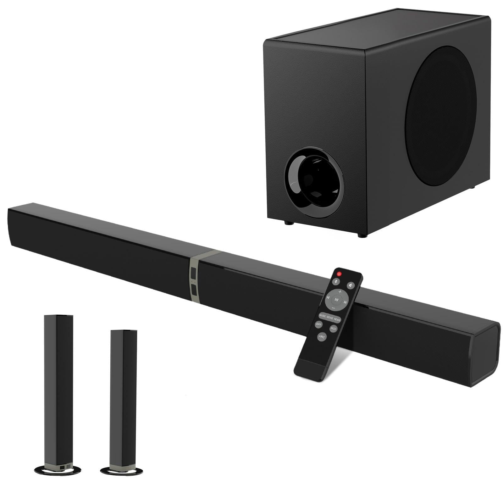 mzeibo sound bar with subwoofer,120w soundbar for smart tv surround sound home theater system bluetooth 5.3 audio compatible with arc, aux, optical