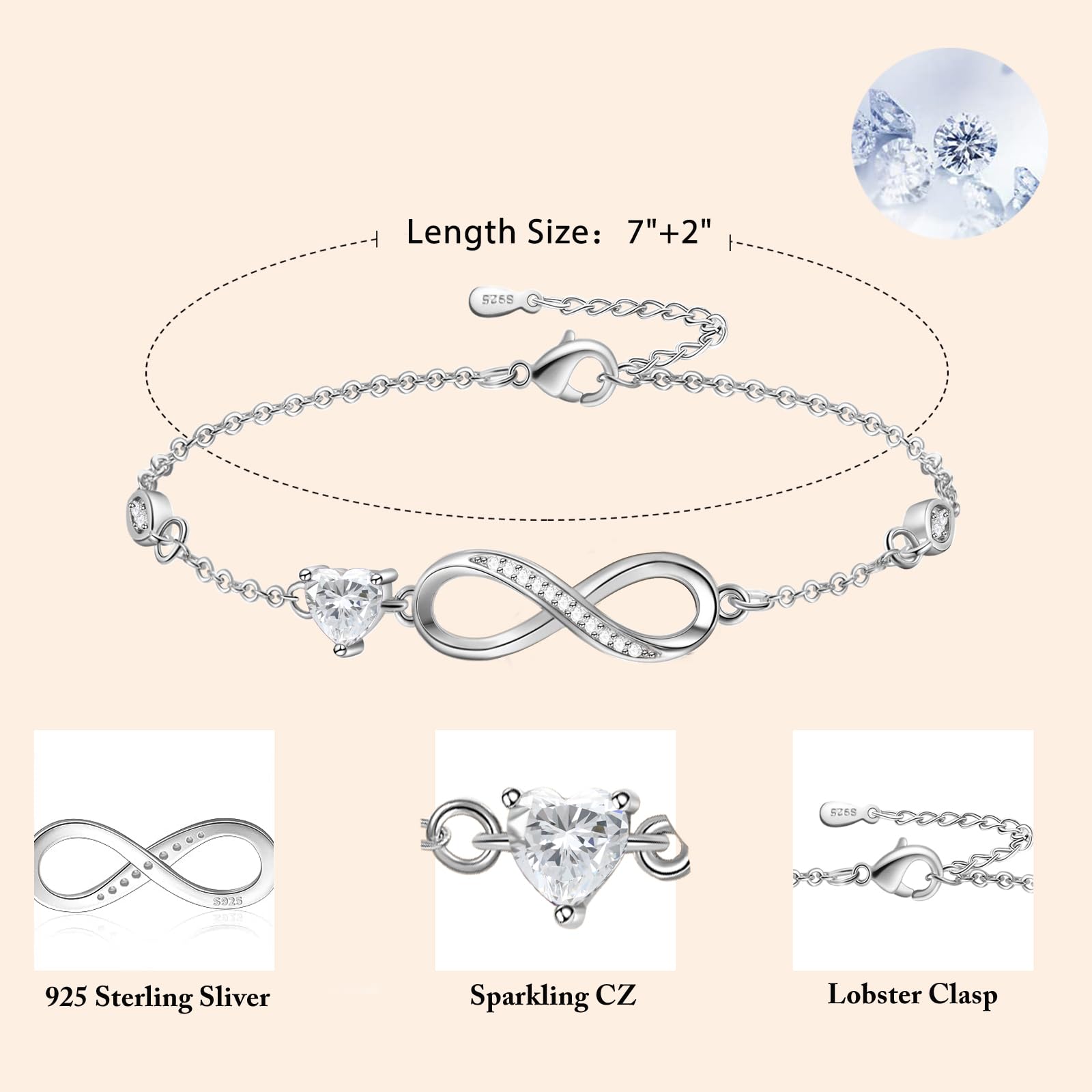 Tusuzik Bracciale Argento 925 Donna, Bracciale Infinito Donna Argento 925 con Cuore Zirconi Regolabile Bracciali Donna Gioielli Regalo per Mamma Amica Ragazza