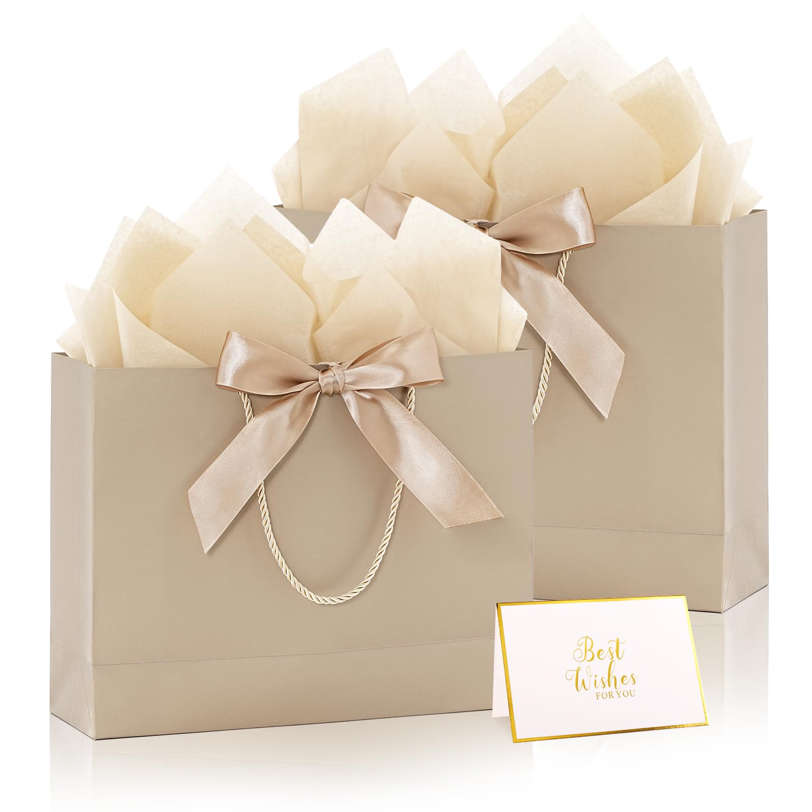 Addblu 2 Pack Large Gift Bags with Handles & Tissue Papers, 12.6×10×4 Inches Thank You Gift Bags with Cards for Mother’s Day, Birthday, Baby Shower, Wedding & Bridesmaids (Champagne Gift Bag, 2 PCS)