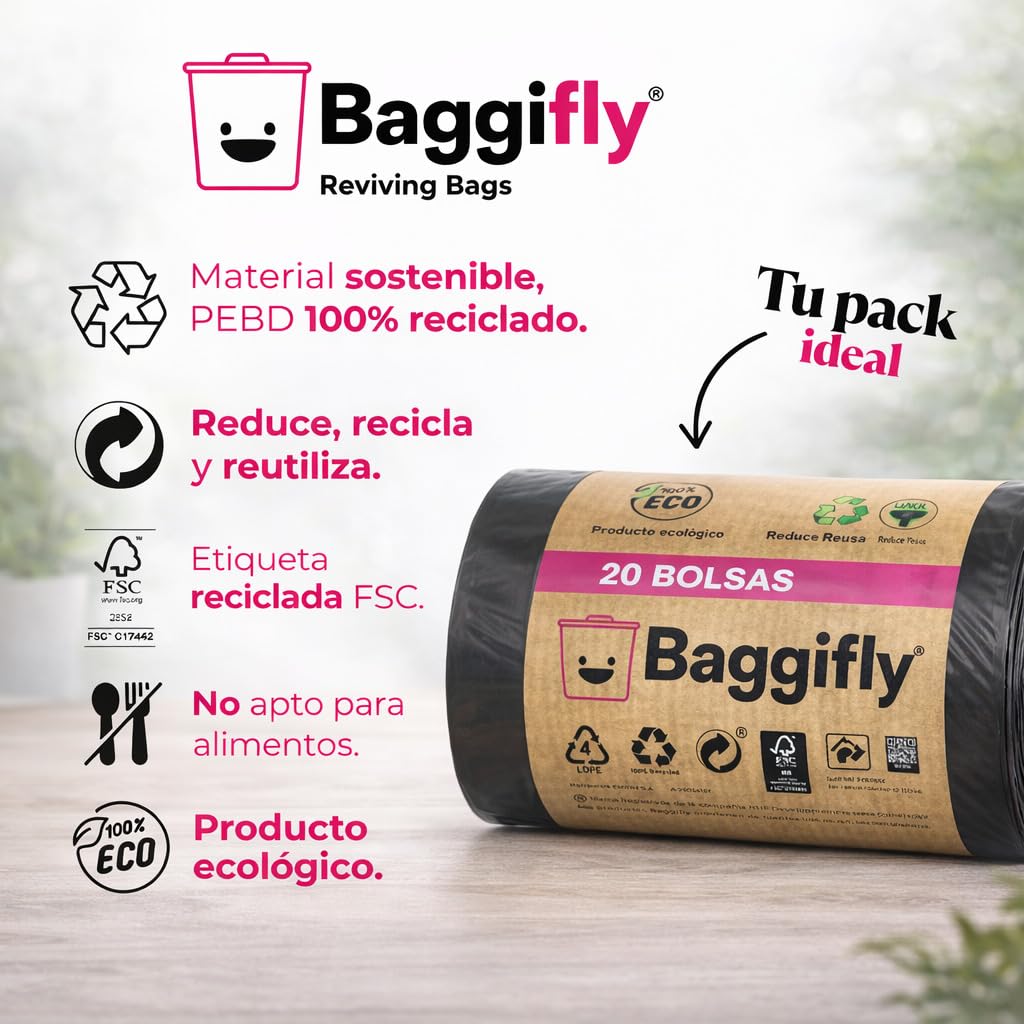 Baggifly, Bolsas de Basura 50L, 100 Bolsas Súper Resistentes, 100% Recicladas, Cierra Fácil, ECO Friendly, Hogar, Oficinas y Hostelería, Pack 5 x 20, Fabricado en España