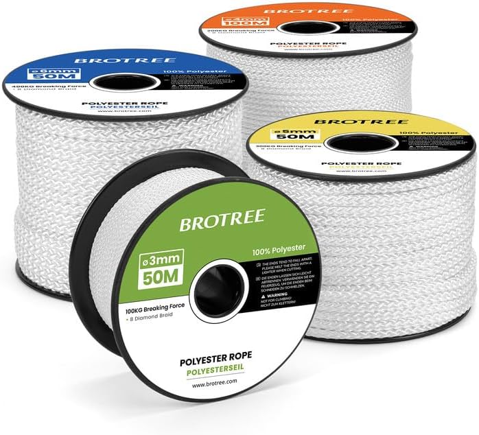 Brotree Polyester Rope 4mm x 100m White - Diamond Braided Rope Cord Low Stretch - 200KG Breaking Load