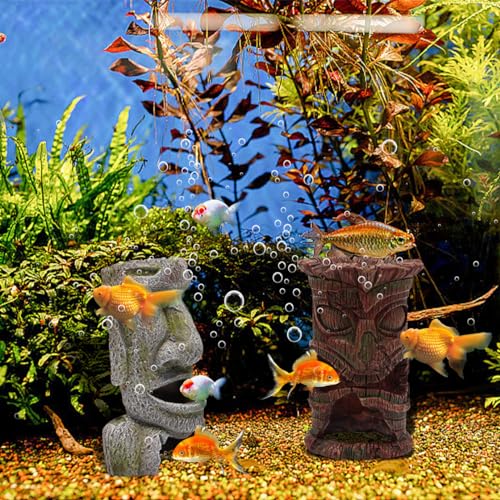 Image of 2pcs Moai Aquarium Decorations Tiki Fish Tank Hideout Shelter Easter Island Statue Cave Antique Decor for Betta Shrimp Cichlid Hiding Aquarium Ornament