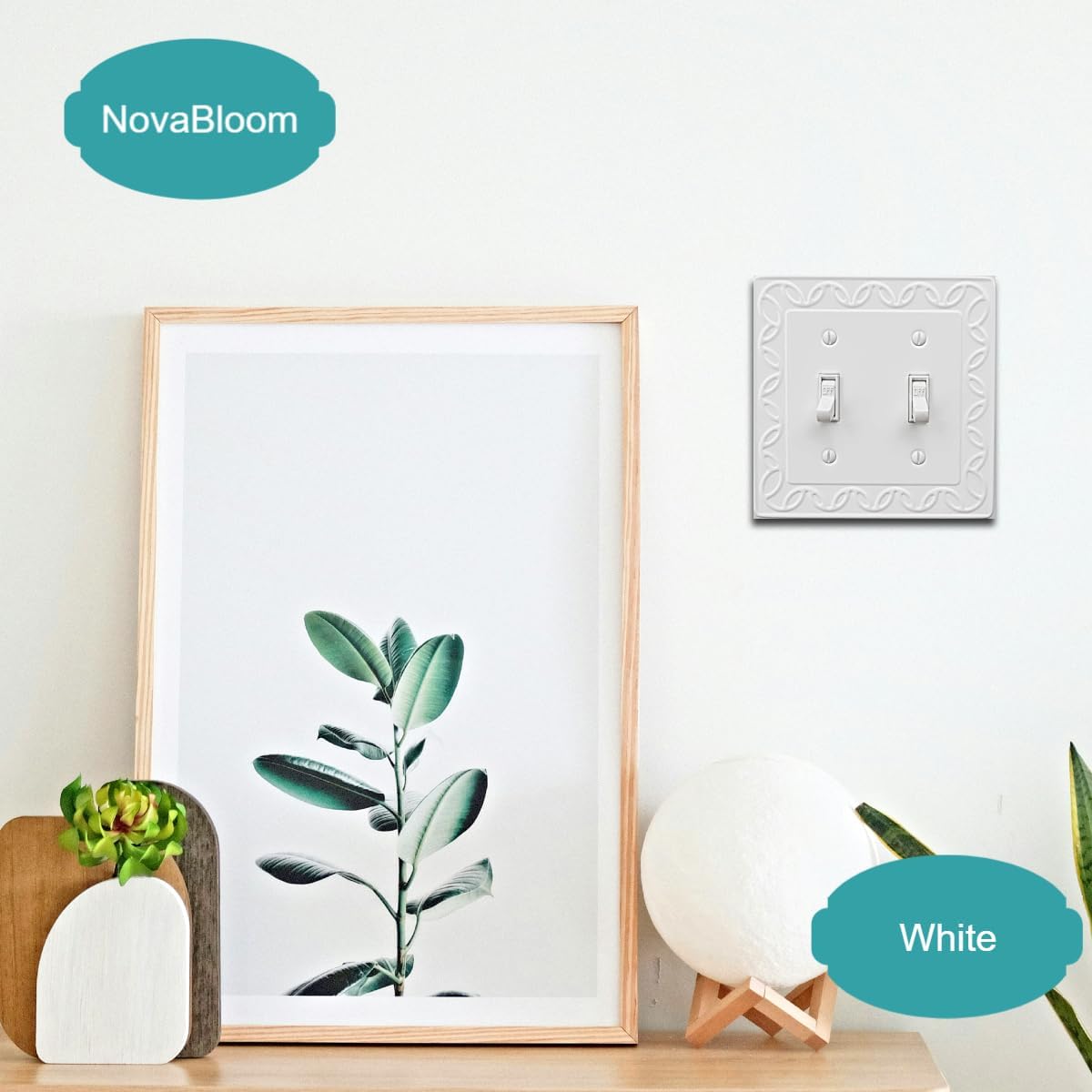OKAWYC Double Toggle Light Switch Cover NovaBloom Metal Wall Plate, 2-Pack White 2 Gang, Light Switch Cover Decorative Wallplate, Durable