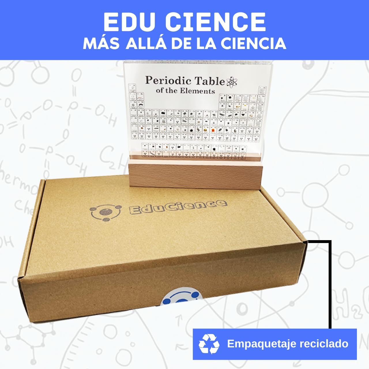 Tavola periodica con elementi reali e base in legno - Tavolo in resina trasparente e supporto in legno con luce LED a basso consumo - Regalo chimico per studenti, insegnanti, aule... (CON BASE)