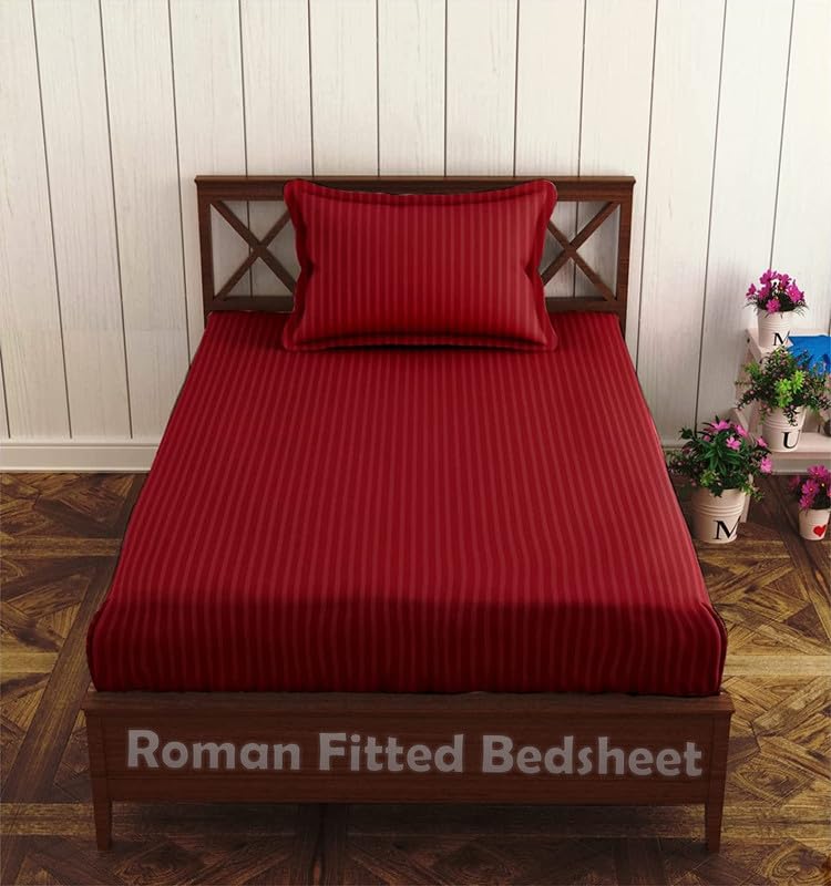 Roman 300 TC Premium 100% Cotton Stripes Single Fitted Bedsheet with 1 Pillow Covers - (36"X78" -Maroon) (B0CC6QW287) Amazon Price History, Amazon Price Tracker
