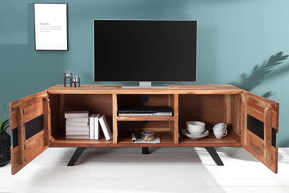 invicta INTERIOR Massives TV Board Amazonas 160cm Akazie Baumkante Metall schwarz Massivholz Fernsehschrank Wohnzimmerschrank TV-Schrank
