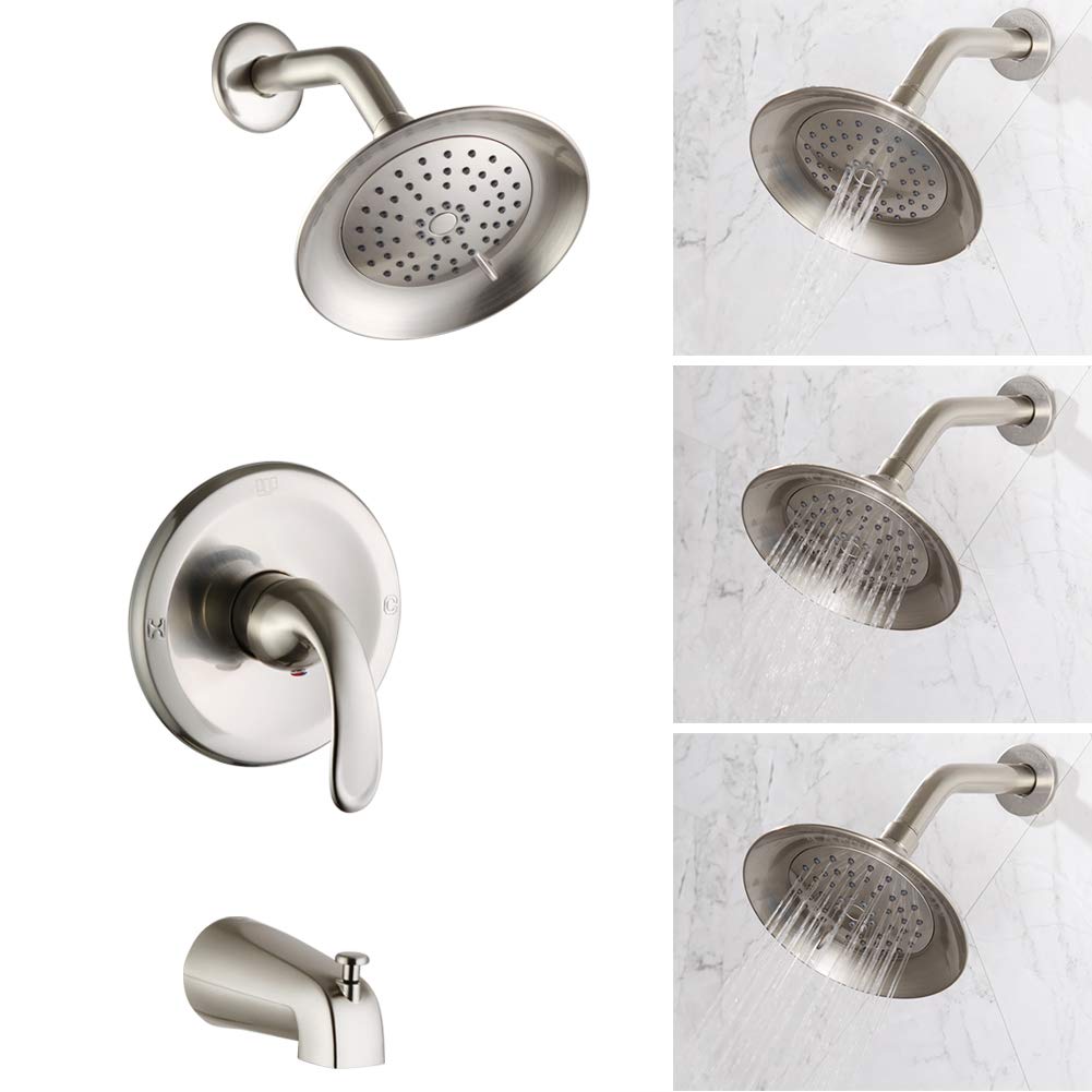 Brushed Nickel Shower Faucet Set with Tub Spout, Tub and Shower Trim Kit with 3-Spray 6 inch Touch-Clean Shower Head Bathroom Single-Handle Tub and Shower System Rough-in Valve Included