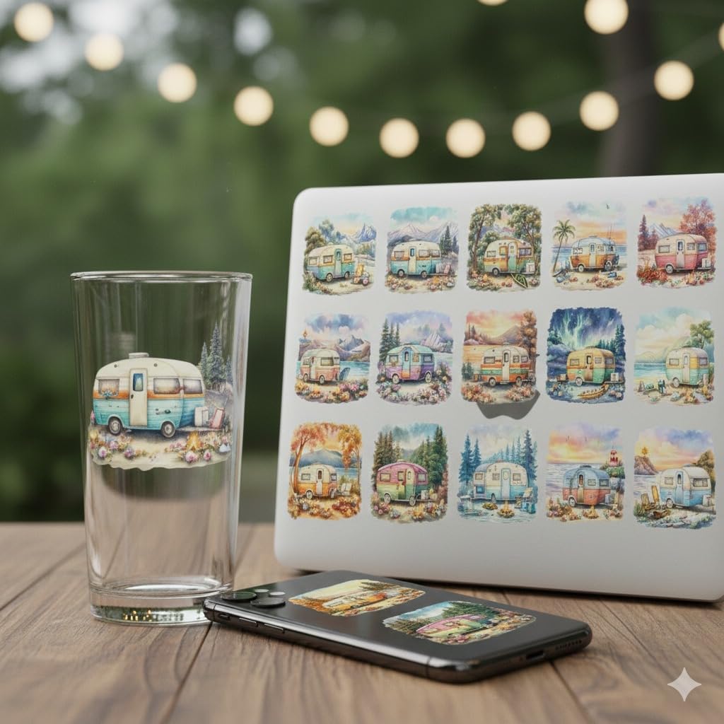 UV DTF Rub on Transfer Stickers - UV DTF Cup Wraps, Colorful UVDTF Wraps, Waterproof Rub on Decals for Glass Cups Mug Tumbler, DIY Transfer Crafts (Vintage Camper)