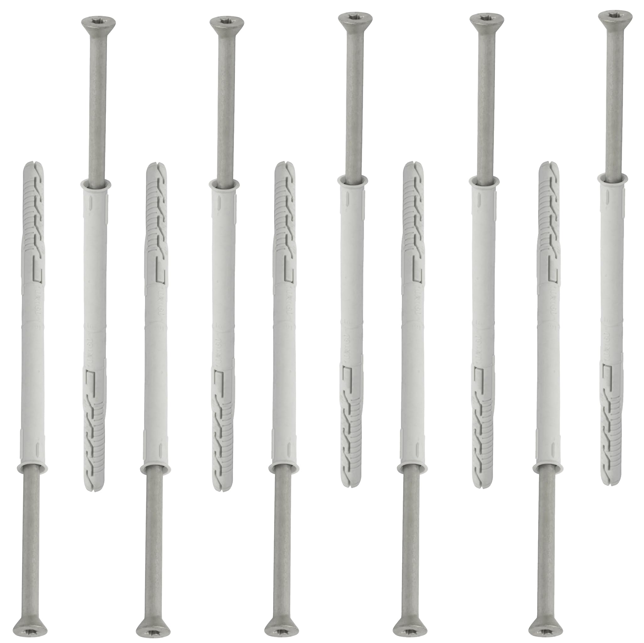 C67126 - Set of 10 Plastic Dowels Diameter 10 x 160 mm with Bevelled Flange + 10 Screws Diameter 7 x 165 Self-Tapping Countersunk Head TX40 Star Drive - Concrete Brick Drilling Fixing