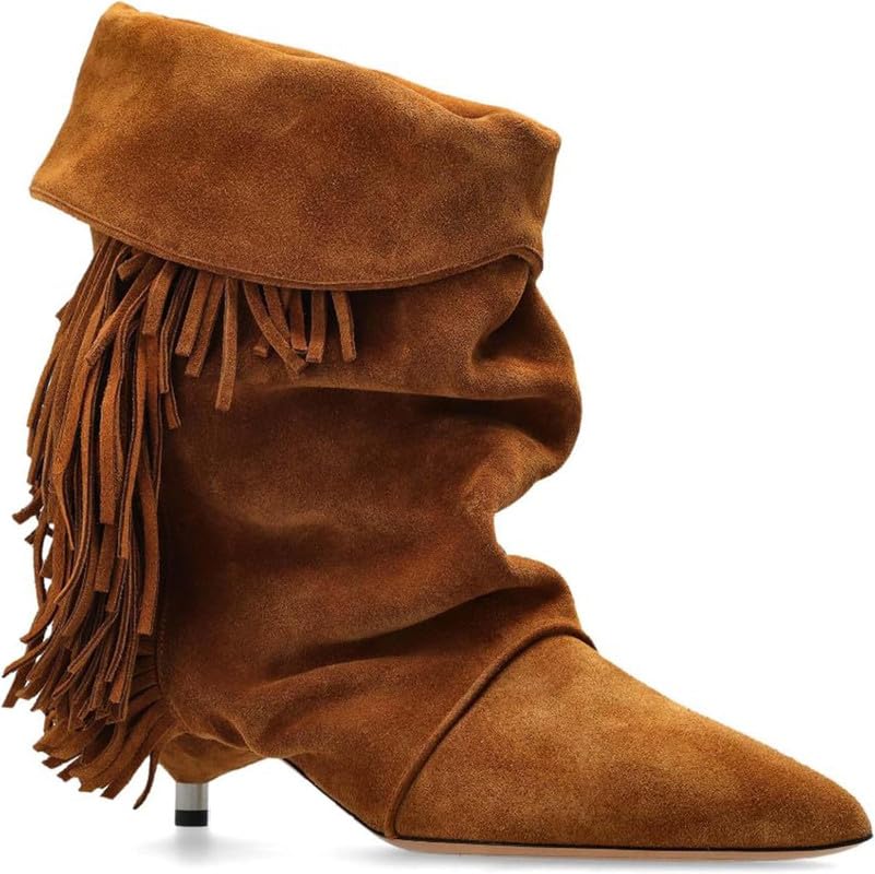 MAVMAX Slouchy Suede Ankle Boots with Tassels Kitten Heel Boots Fold Over Pointed Toe Short Boot for Women