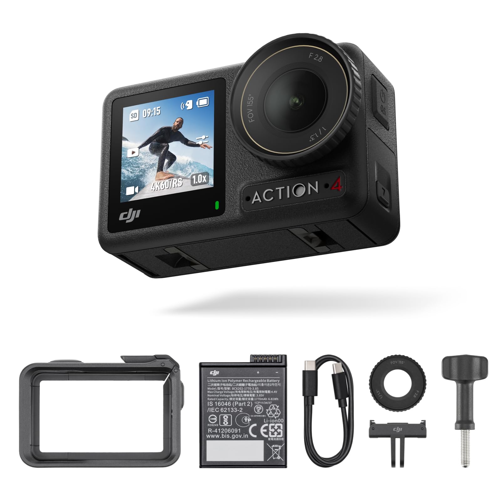 DJI Osmo Action 4 Essential Combo - 4K/120fps Waterproof Action Camera with a 1/1.3-Inch Sensor, Stunning Low-Light Imaging, 10-bit & D-Log M Color Performance, a Long-Lasting 1770 mAh Battery