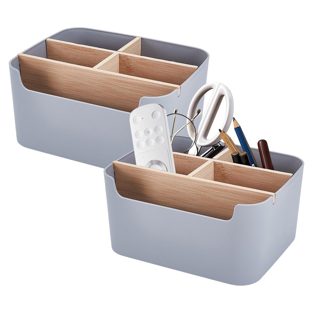 INTERWARM 2 Pack Gray Desk Storage Organizer, Desk Organizers and Remote Control Caddy Holder Desktop Pen Pencil Holder Container Box for Bedside Nightstand Desktop Coffee Table Office Supplies
