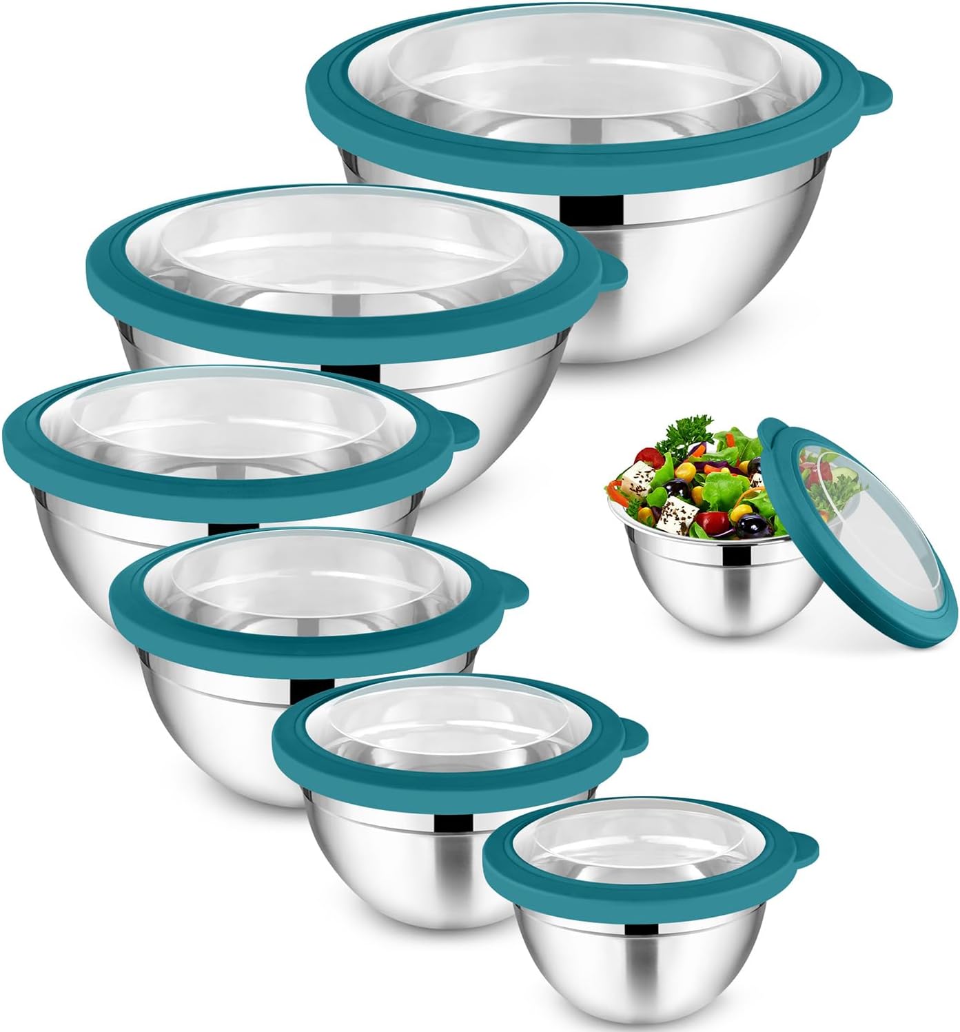 Mixing Bowls with Lids Set of 7, Walchoice Stainless Steel Mixing Bowls with Visible Airtight Lids, Metal Nesting Salad Bowls for Cooking Baking Serving, Size 4.6, 3.5, 2.6, 2, 1.5, 1, 0.7 QT - Blue