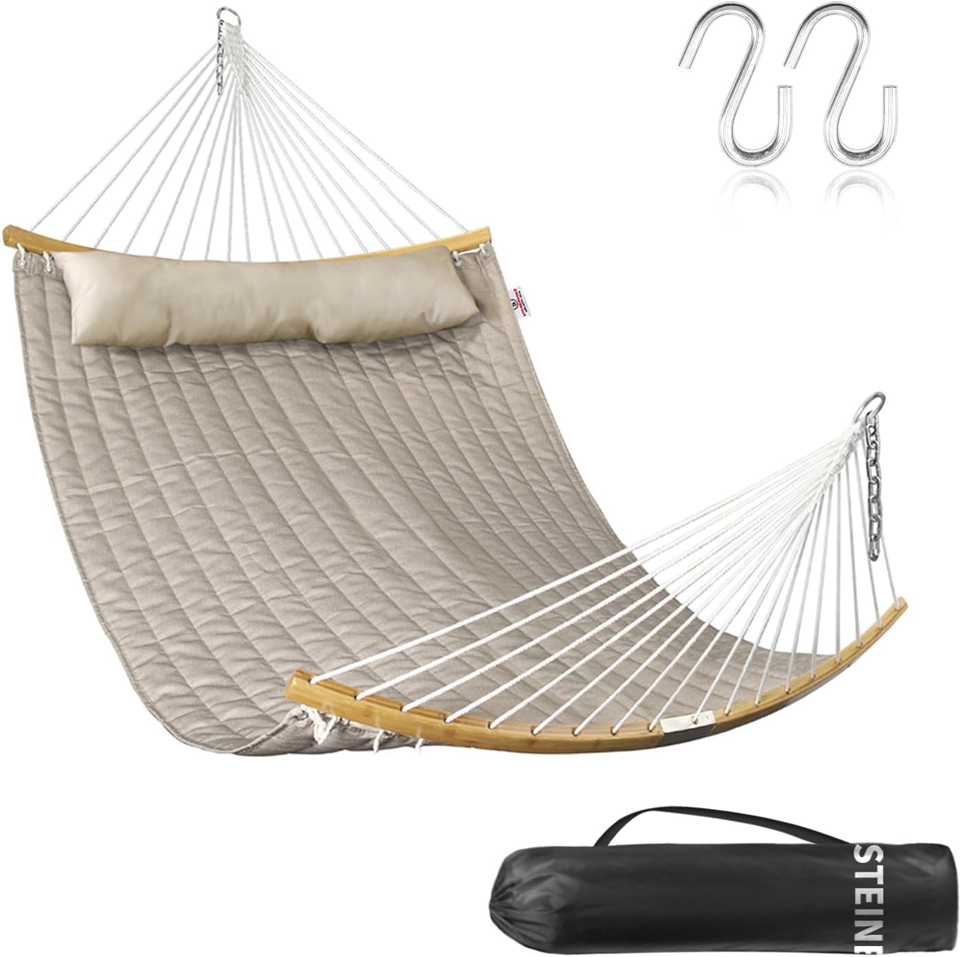 2 Person Hammock with Hanging Kits, Quilted Hammock for Tree with 2 Pcs Heavy Duty Stainless Steel S Hooks, 1 Detachable Pillow, Curved Spreader Bar, Chains, Carrying Bag, 450 LBS Capacity