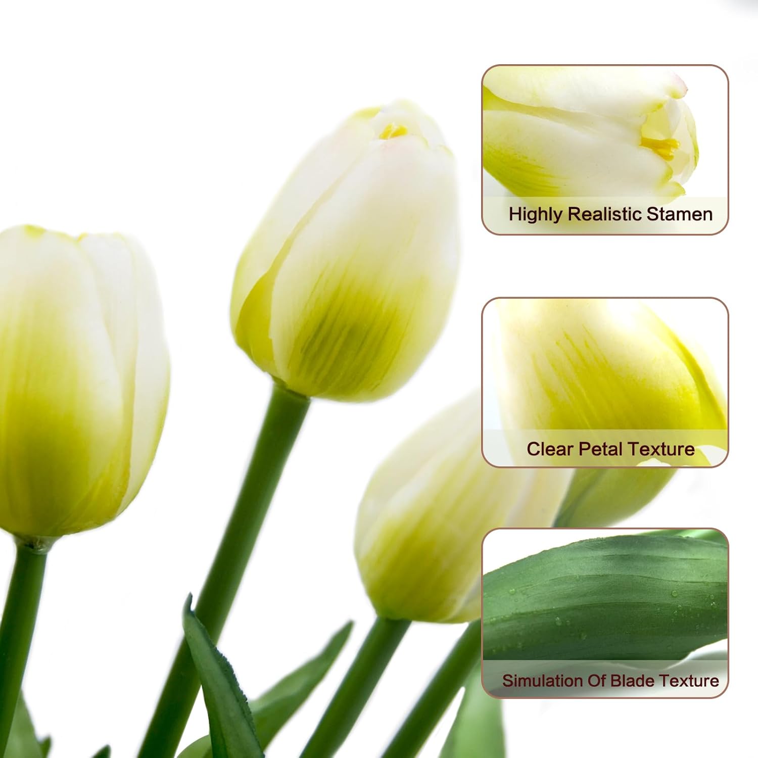 15pcs Artificial Tulips Flowers, Fake Tulips Real Touch, Faux Latex Bouquets, for Party Wedding Home Room Decoration (White)