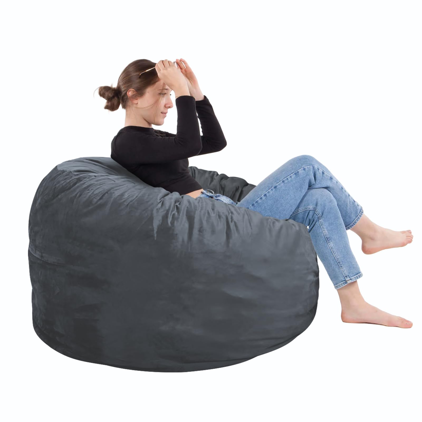 SEASXOLTE Bean Bag Chair 3Ft, Memory Foam Filled, Removable Velvet Cover, Bean Bag Chairs for Adults and Teens, Round Sofa Chair for Living Room, Bedroom and Gaming Room, Grey