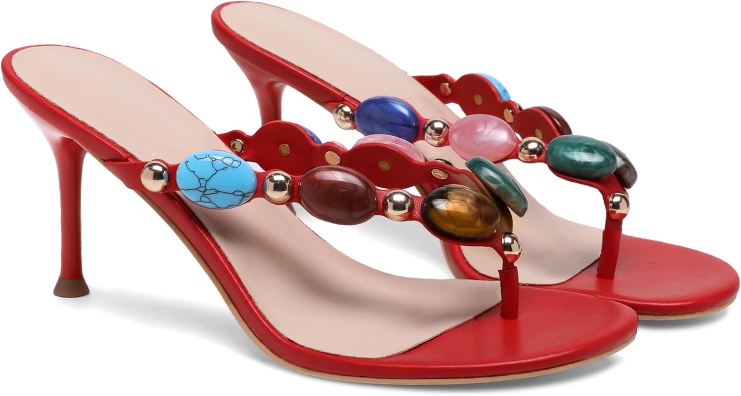 Oakmoo Women's Jeweled Thong Strappy Sandal Summer Mules Kitten Heels Flip Flop Round Open Toe Mid Heels Fashion Wedding Party Dress Thong Casual Shoes