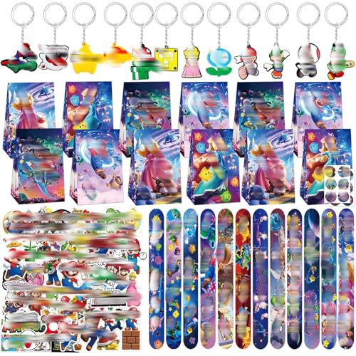 yumcute 98pcs Cartoon Party Bags Party Supplies with 12 Gift Bags 12 Sealing Sticker 500 Stickers 12 Keychains 12 Slap Bracelets Party Decorations Kids Birthday Party Supplies Goodie Bag Fillers