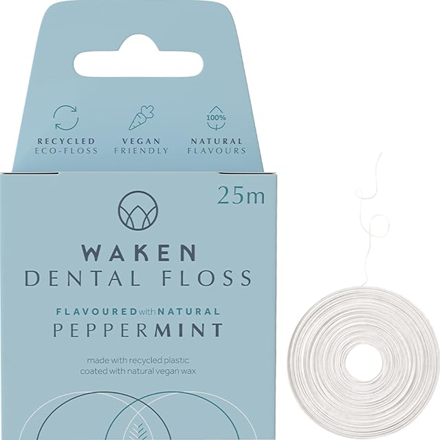 Waken, 25m Peppermint Dental Floss, 100% Natural Flavour, Reduces Plaque & Gum Disease, Clinically Tested, Vegan Floss, Eco-Friendly, Sustainable Packaging, 100% Recyclable, White