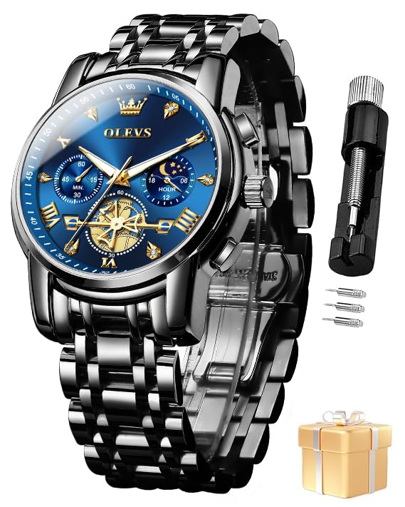 Image of OLEVS Watch for Man Analog Quartz Skeleton Chronograph Diamond Watches Stainless Steel Moon Phase Calendar Waterproof Dress Watches