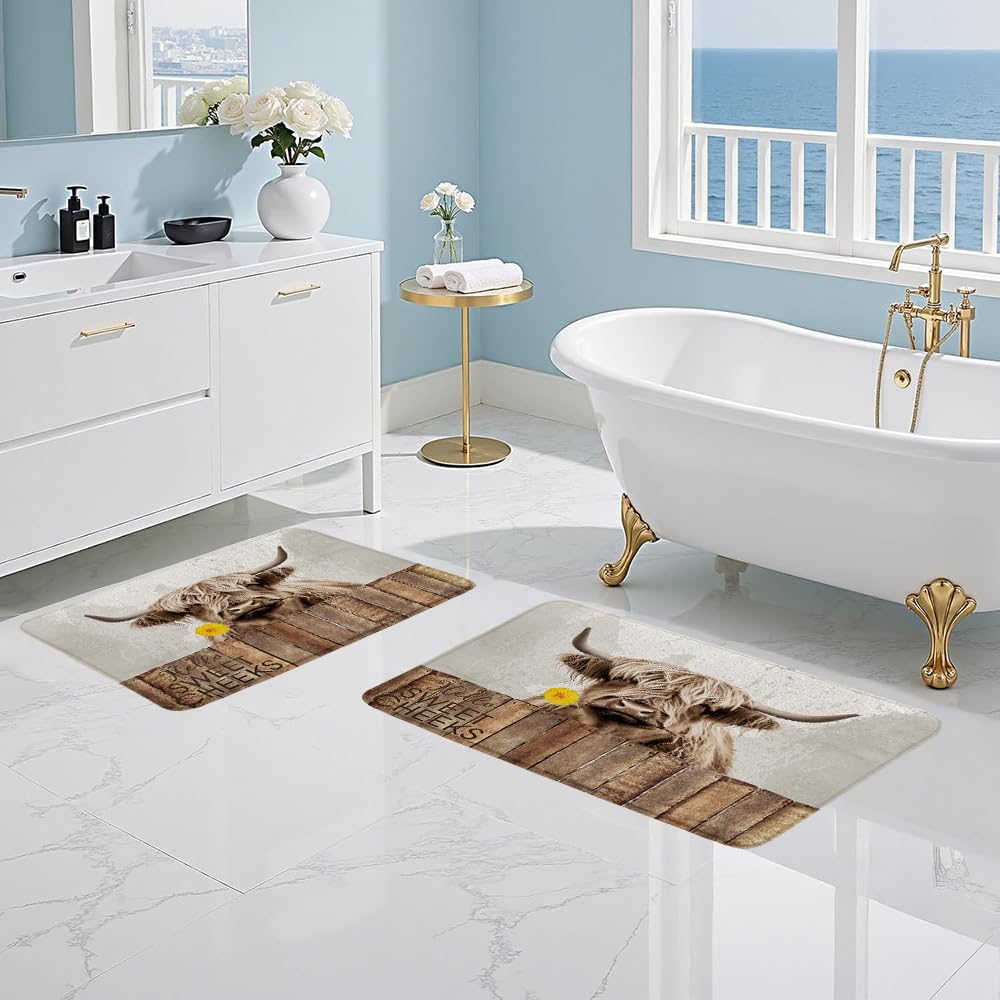 ZZYSKS 2 Pieces Set Highland Cow Bath Mat Rustic Farmhouse Animal Funny Cute Cattle Bull Sunflower Flower Western Country Barn Wood Board Bathroom