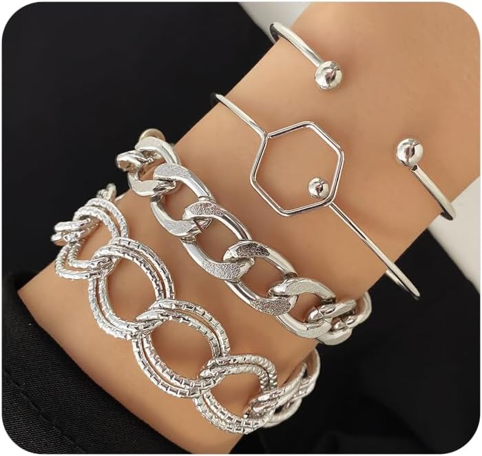 Chunky Gold Cuban Link Chain Bracelets Set for Women Layered Wide Hollow Geometric Cuff Bracelets Double Thick Link Bangles Jewelry Accessories