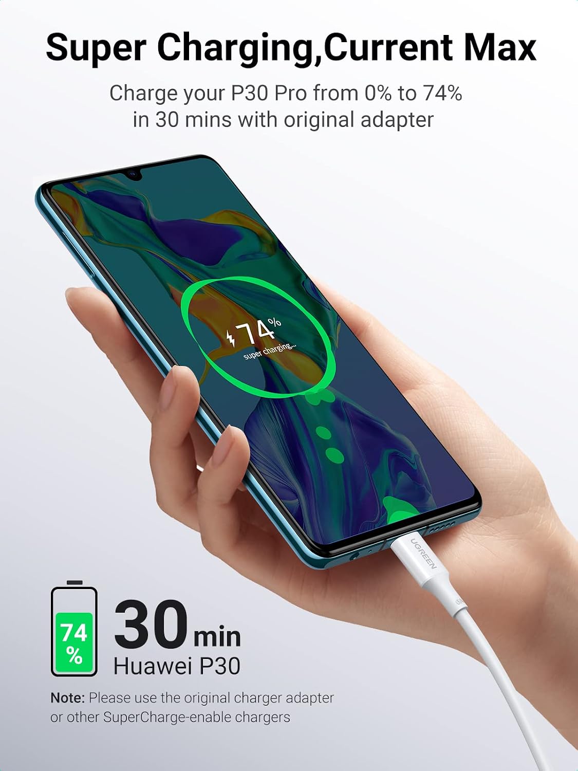 UGREEN USB C Cable 5A Supercharge Type C to USB A Quick Charging Fast Charger Compatible for Huawei Mate 30 Pro, P30 P20 Pro, Mate 20 Pro Mate20 X, Nova 5 Pro, Honor 20, Mate 10 9 Pro P10 (White, 3FT)