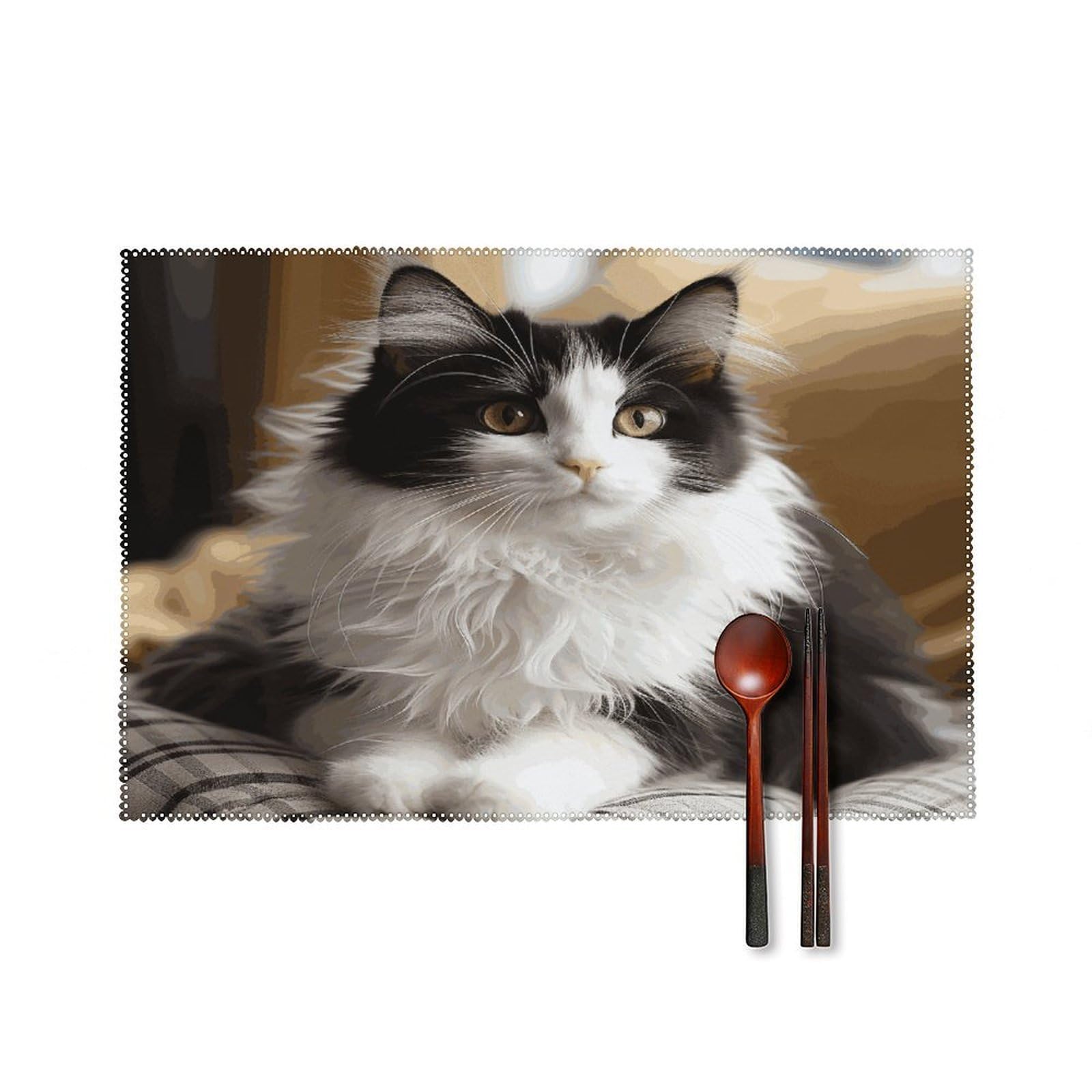 White and Black Kitten Sitting Placemats Set of 4 Heat Resistant Non-Slip Place Mats for Dining Table Washable Placemat Wipeable Dining Table Mat Canvas Place Mats Dining Table Decor