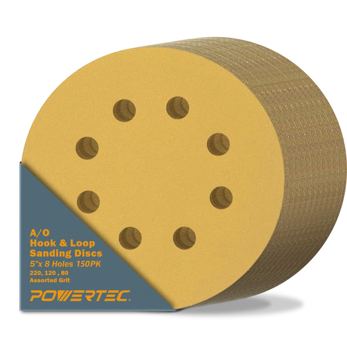 POWERTEC 5 Inch 8 Hole Sanding Discs - 80/120/220 Grits Sandpaper (50 Each, 150-Pack), Assorted 5" Hook and Loop Sanding Pads for Orbital Sander, DA Sander, Air Sander (44052G-150)