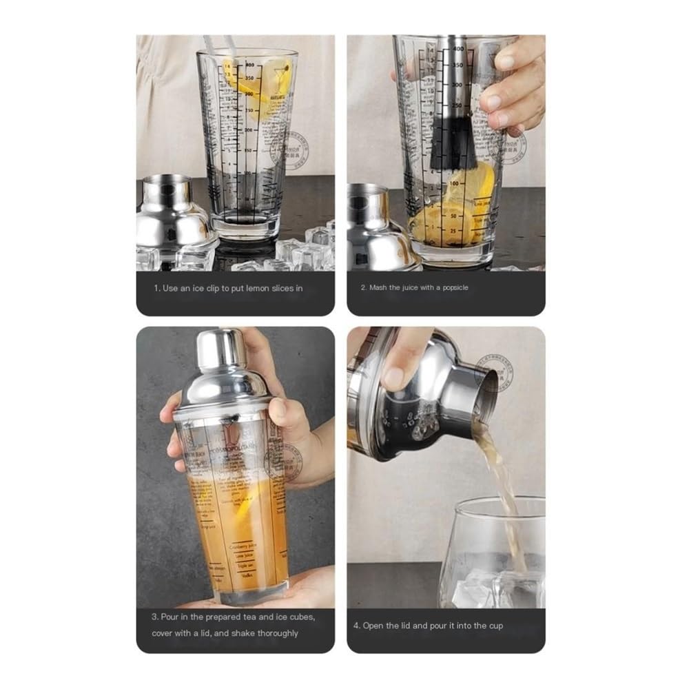 Coctelera Un juego de 6 vasos mezcladores de vidrio transparente y juegos de cocteleras de acero inoxidable.
