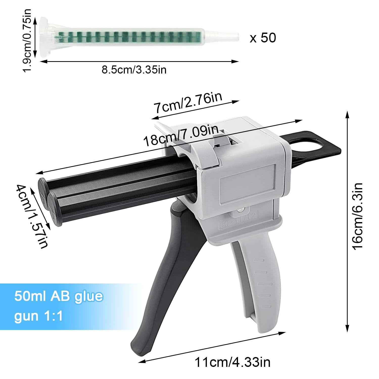 Set di Pistola per Colla, AB Pistola Erogatrice 1:1, Pistole per Silicone per DIY, con 50 Tubi di Miscelazione F08, Pistola per Colla per Decorazione Regalo, 50 ML Pistola per Colle Bicomponente
