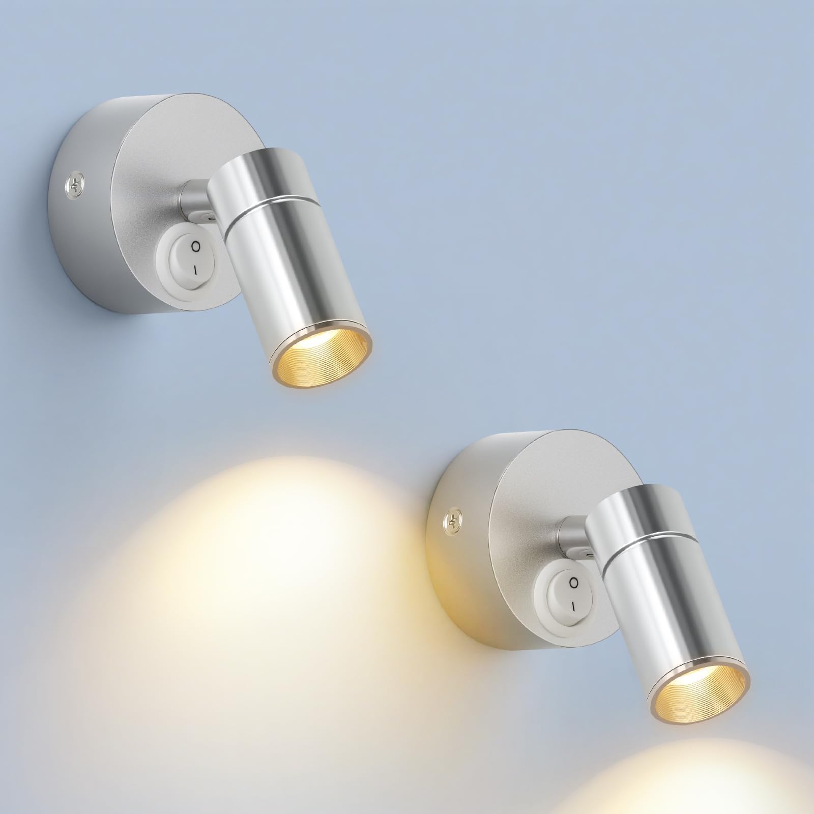 ERWEY 2 pezzi LED lampada da parete per interni, leggere lampada da parete 3W bianco 3000K luce da letto rotante con interruttore per camera da letto bagno corridoio, argento