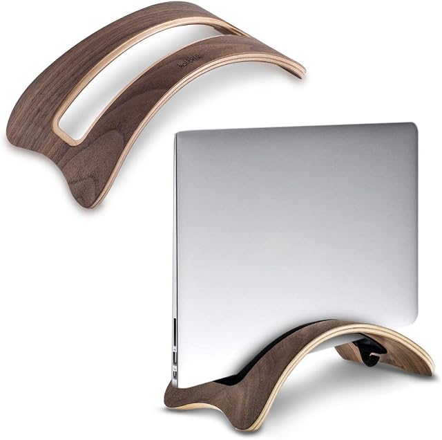 kalibri Wooden Laptop Stand - Modern Wood Vertical Kick Stand for Laptops with 1 Soft Silicone Insert for Apple MacBook Air Retina/Pro - Walnut