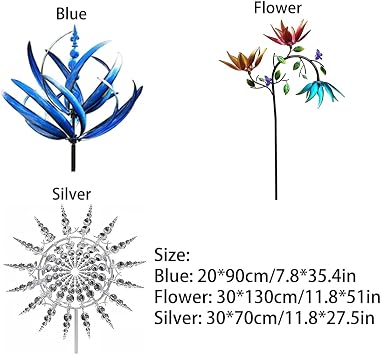 Outdoor Wind Spinner, Dynamic 3D Windmill, With Metal Garden Stake, Gardening Plug Wind Spinners Decor For Yard, Outside (Silver)