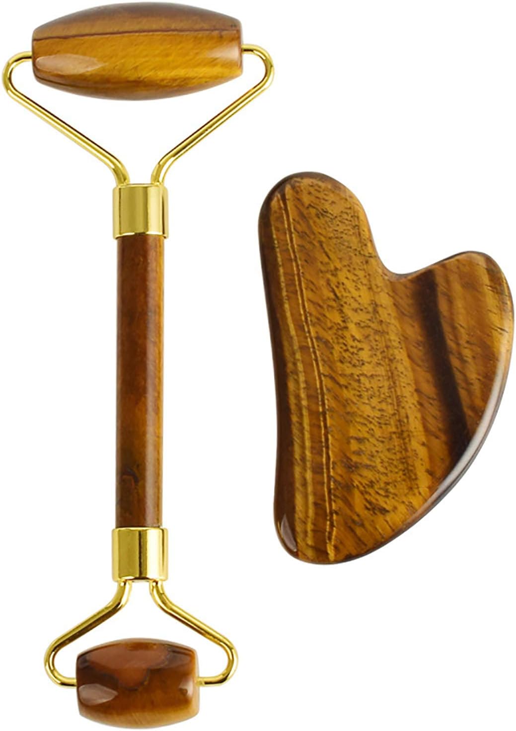 HSUMING Tiger Eye Jade Roller And Gua Sha Set - Anti Aging Jade Face Massager Facial Roller for Eye, Neck And Body R122106