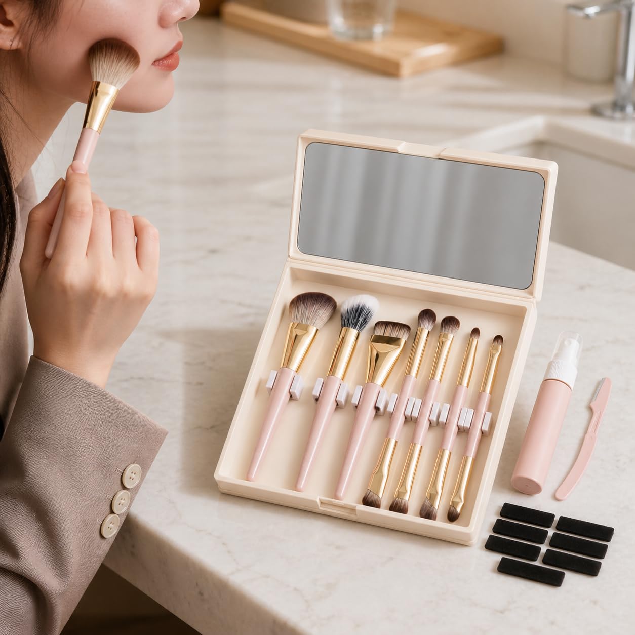 Set Pincea Maquillage Portable, Fibres Synthétiques Douces, Trousse Pincea, Organisation s Outils, Pour les compacts