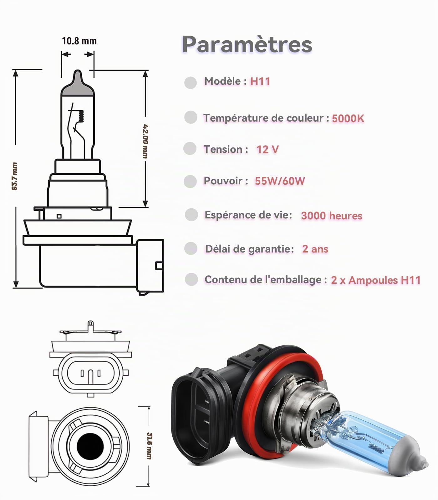 LTONXEN H11 Bombillas, 12V 55W Blanco Cálida Luz para el Coche Alta/Haz Antiniebla de Lámpara del Faros, 2 Piezas