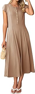 Simplee Womens Summer Casual Dress - Short Sleeve Button Crewneck A-Line Flowy Fit and Flare Beach Midi Dress - Buy now