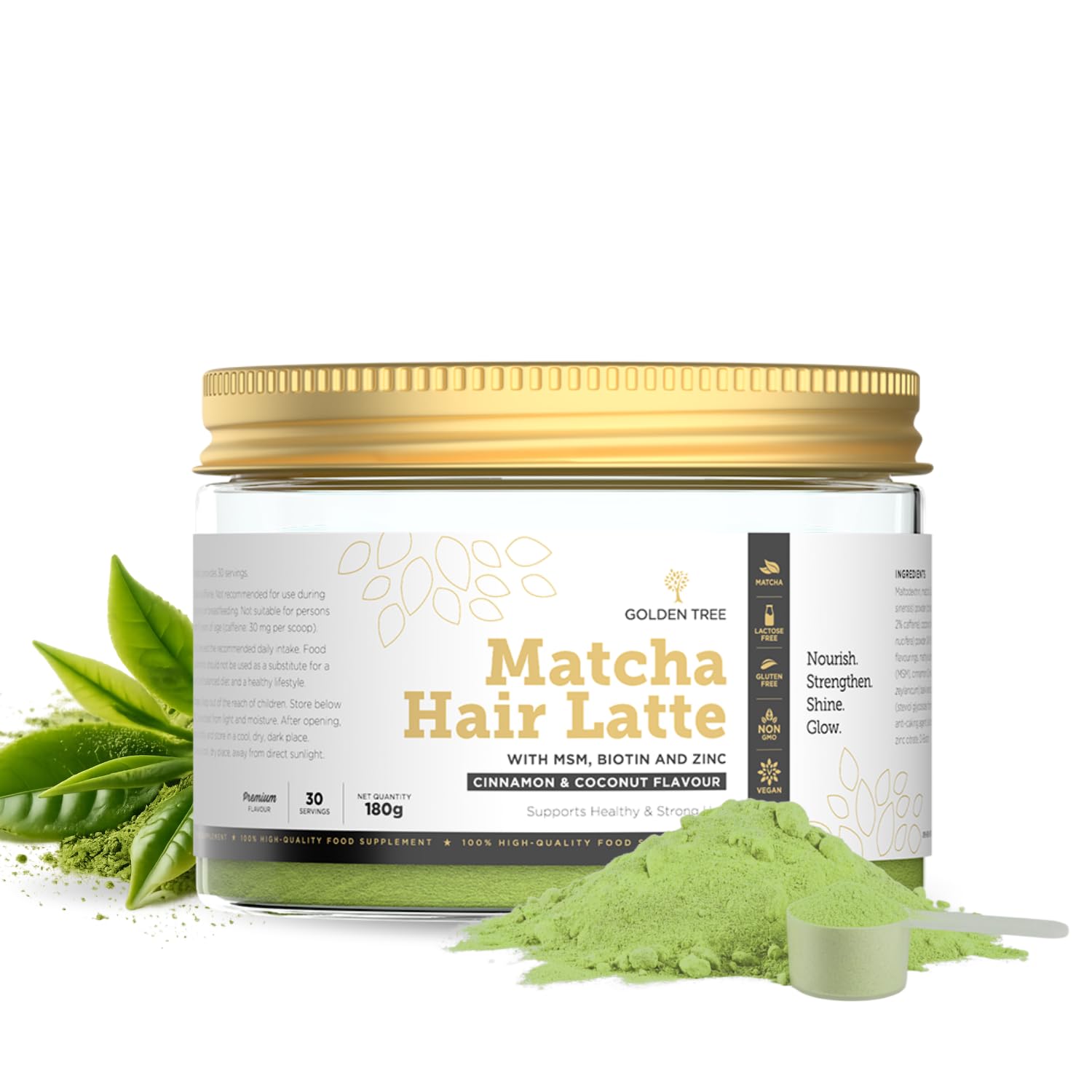Golden Tree Matcha Hair Latte – Matcha Polvere, 180 g, 30 Porzioni | Latte di Cocco in Polvere, MSM, Zinco e Biotina, Tè Verde in Polvere, 2% di Caffeina