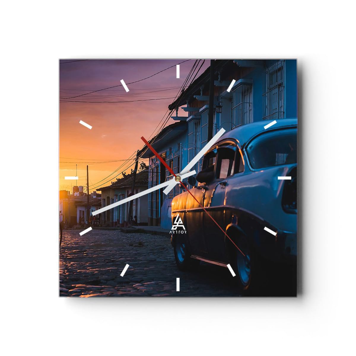 ARTTOR Zegar ścienny na szkle ulica samochód dom Nowoczesny 30x30 cm Dekoracja ścienna Salon Sypialnia Kuchnia Deko Cichy zegar na ścianę Duży Wall Clock Dekor C3AC30x30-3459