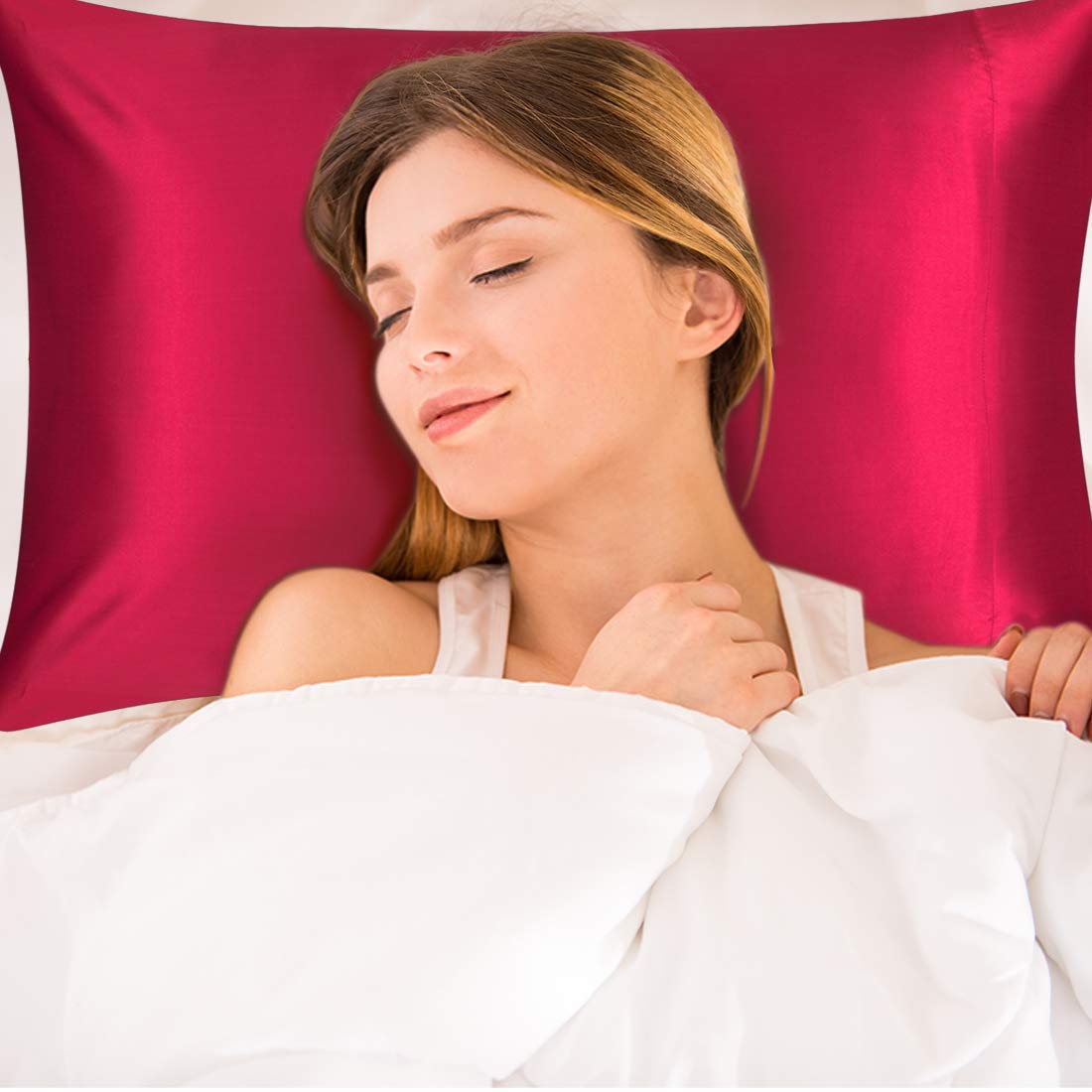 PiccoCasa Funda de almohada de seda para cabello y piel, a ambos lados, 100% seda, fundas de almohada suaves, transpirables, sedosas, fundas de almohada para mujer, color burdeos (50,8 x 76,2 cm)