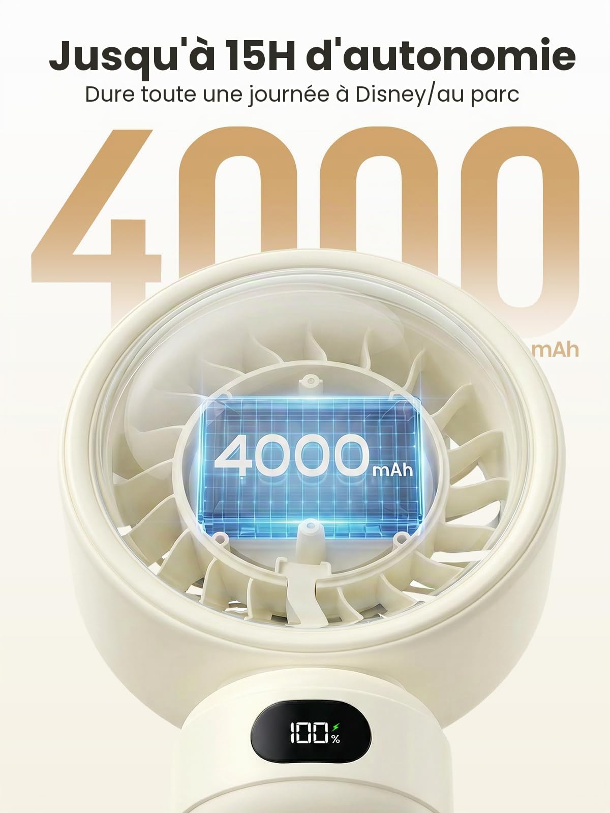 Warmco Ventilateur portable pour landau, 4000 mAh rechargeable (jusqu'à 15 H), 4 vitesses, affichage de la batterie LED, fonctionnement silencieux, couvercle amovible, pour poussette, siège auto