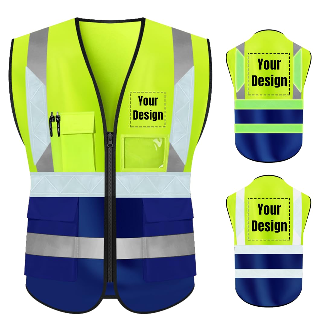 YOWESHOP High Visibility Reflective Safety Vest Customize Logo With 5 Pockets Protective Workwear Outdoor Work Vest (XL, Yellow Navy Luminous)