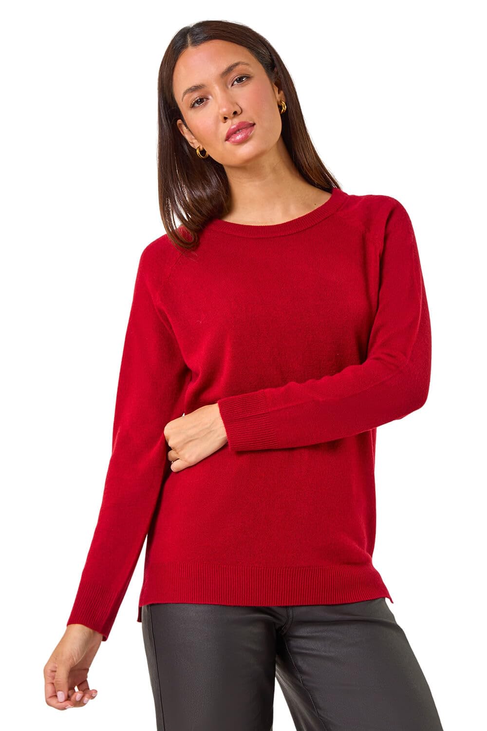 Roman Originals Women's Red Soft Jumper For Uk Winter Autumn Sweater Knit Knitwear Round Crew Neck Top Plain Lightweight Comfy Long Sleeve Split Hem Everyday Daywear - Size 20