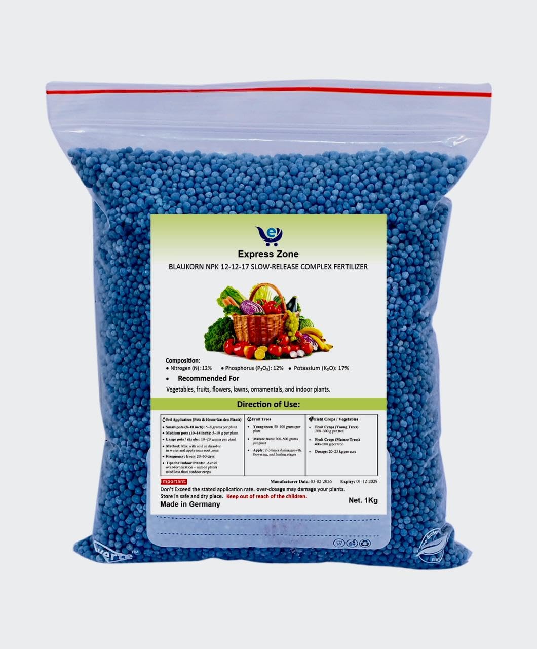 Blaukorn Most Popular NPK 12 12 17+TE Formula 1kg, 2kg, 4kg, 5kg, 8kg, 10kg 15kg, 20kg, 25kg Made in Germany (1kg)