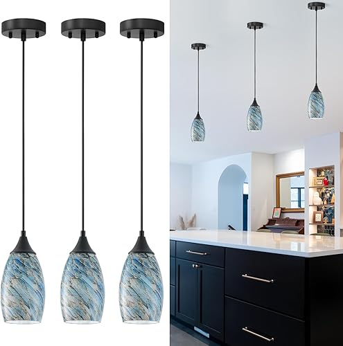 ANYLOVE Iluminación colgante de guijarro azul vintage, paquete de 3 lámparas colgantes de vidrio de mano, cable ajustable para cocina, pasillo,
