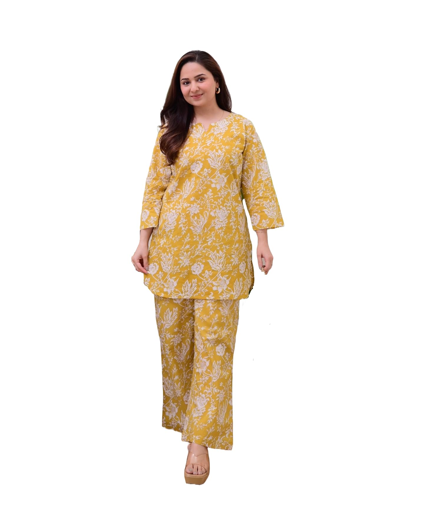 Women Printed V-Neck Pure Cotton Tunic With Trousers Co-Ords Set