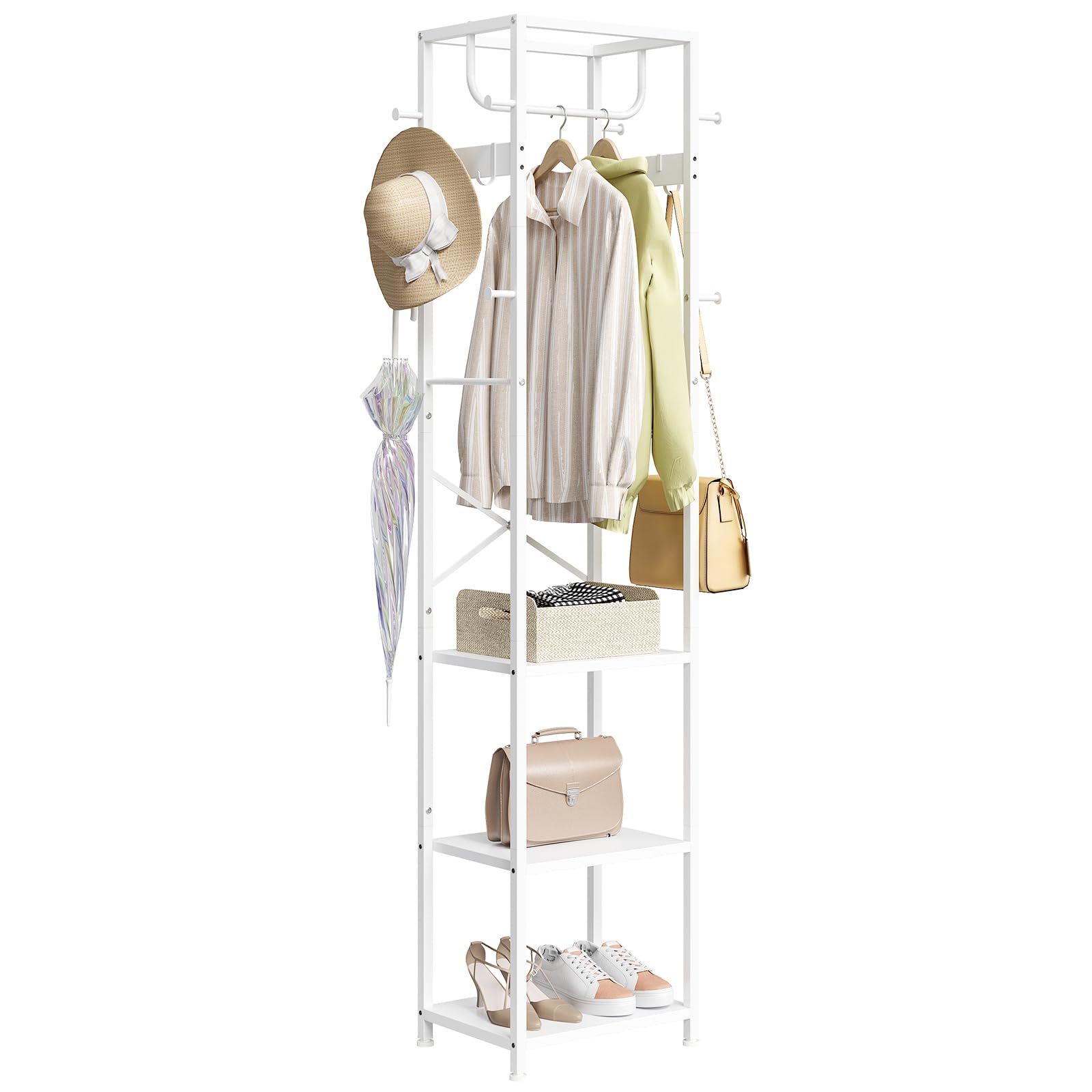 ELYKEN Coat Rack Freestanding Hall Tree with 3 Storage Shelves and 12 Hooks Industrial Clothes Rack Stand Organizer