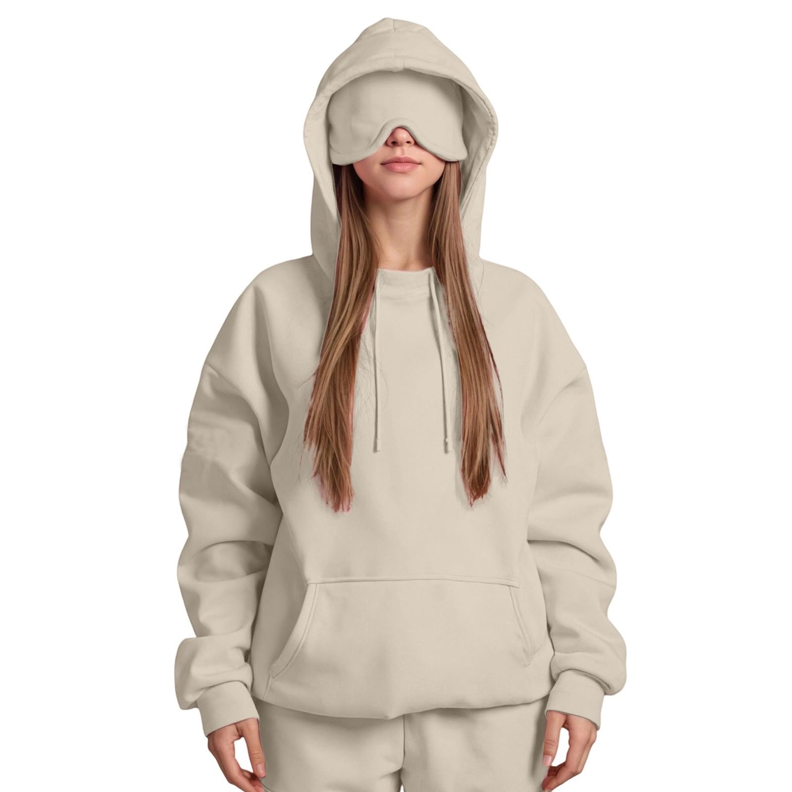 Women's Oversized Hoodies with Eye Mask Built In Comfort Airplane Mode Travel Hoodie Ladies Plain Fleece Hooded Pullover Long Sleeve Sweatshirt Casual Fashion Autumn Tops Streetwear